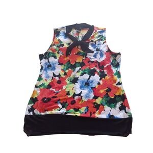 Liz McCoy Floral Print Top Womens Large Black Multi Color Short Sleeve